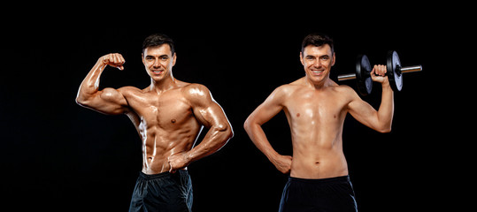 Fototapeta na wymiar Athlete bodybuilder. Before - after coronavirus self isolation. Strong muscular athletic man pumping up muscles with barbell on black background. Workout bodybuilding concept.