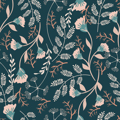 Vector seamless  pattern with  leaves and  flowers on dark  background.  Floral illustration for textile, print, wallpapers, wrapping.