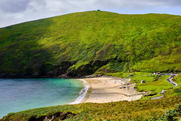 The beach of Keem Bay, Keel West, Keem, Co. Mayo, Ireland, in the western end of Achill Island.