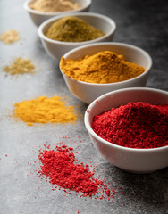 various indian spices in bowls on dark concrete background