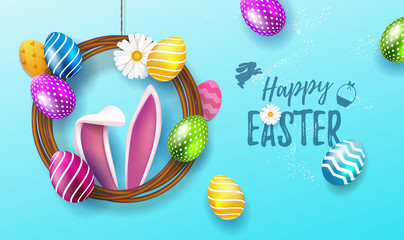 Happy Easter horizontal poster or banner template with Easter eggs in the wreath and bunny ears on light blue background. Greetings for Easter Day promotion and shopping template for Easter. Vector