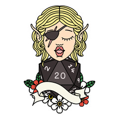 elf rogue character with natural twenty dice roll illustration