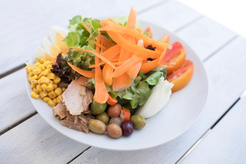 Ensalada Valenciana con iluminación natural y fondo blanco