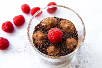 Chocolate moose with raspberry in the cup