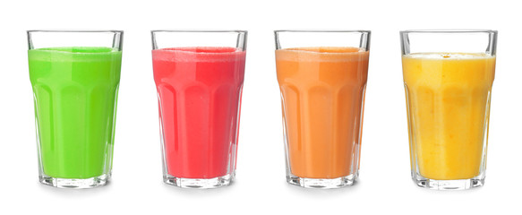 Set of different fresh tasty smoothies on white background. Banner design