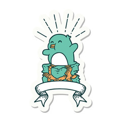 sticker of tattoo style penguin sitting on present