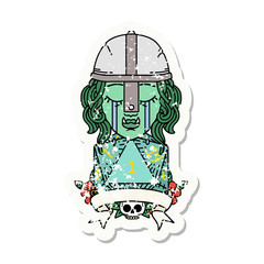 crying orc fighter character with natural one D20 roll illustration