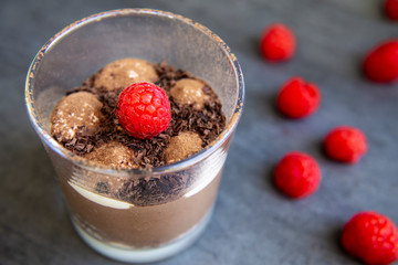 Chocolate moose with raspberry in the cup