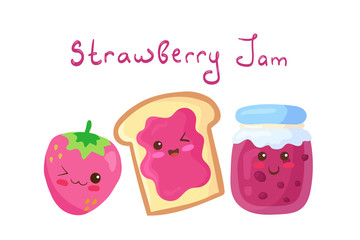 Bread toast with strawberry jam, smiling funny berry & jam jar with lettering. Vector kawaii food illustration in cute cartoon style isolated on white background. Strawberry dessert, breakfast, menu.