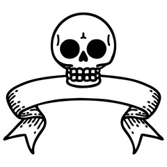 black linework tattoo with banner of a skull