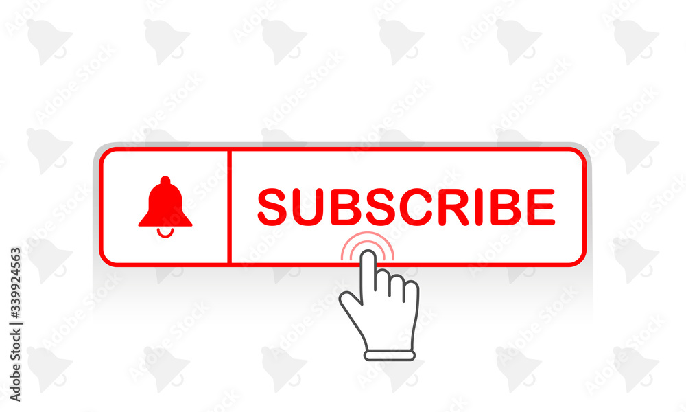 Poster red subscribe button with mouse pointer and notification bell icon flat in modern colour design conc