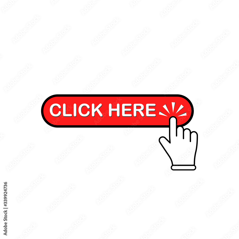 Poster click here button in red with mouse pointer, hand clicks or hand cursor icon flat on isolated white 