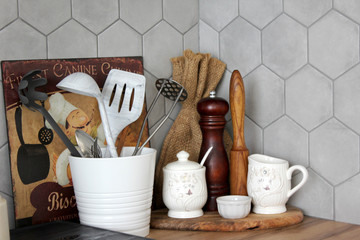 A cozy kitchen at home. Kitchen accessories for cooking.