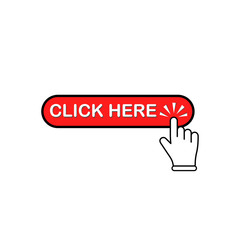 Click here button in red with mouse pointer, hand clicks or hand cursor icon flat on isolated white background. EPS 10 vector.