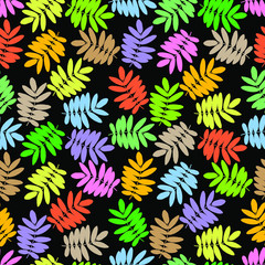 Naklejka na ściany i meble Colorful leaves on black background: floral seamless pattern, bright wallpaper and textile design. Vector graphics.