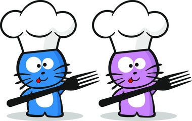 Cute chef kitten characters with chef hat and fork. Vector illustration on white background