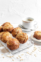 brown banana toffie muffins on a white background