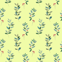 Watercolor leaves on a bright green background. seamless pattern of green leaves. botanical art.