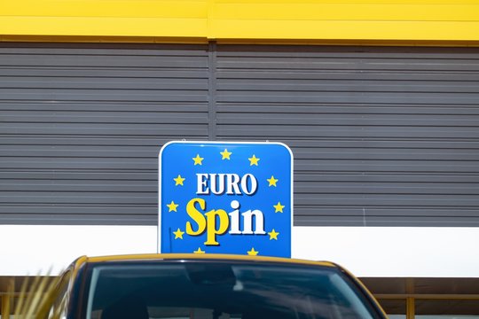 The logo of the Euro Spin grocery supermarket chain at the facade of one shop in Sicily