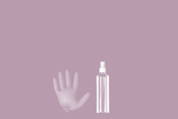 A medical glove and a a bottle of transparent sanitizer with outer place