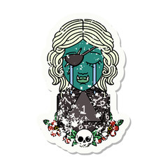 crying half orc rogue character with natural one D20 roll illustration