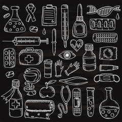 Healthcare medicine doodle line vector icons set