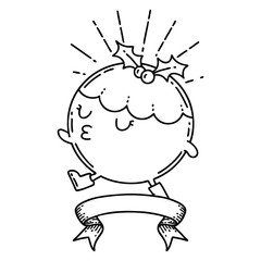 banner with black line work tattoo style christmas pudding character walking