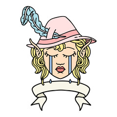 crying elf bard character face with banner illustration