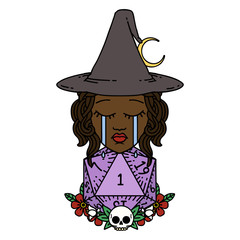 crying human witch with natural one D20 dice roll illustration