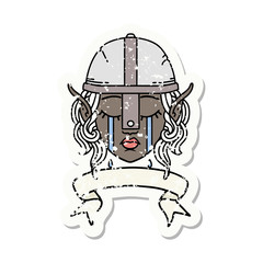 crying elf fighter character face with banner illustration
