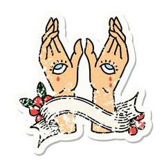 grunge sticker with banner of mystic hands