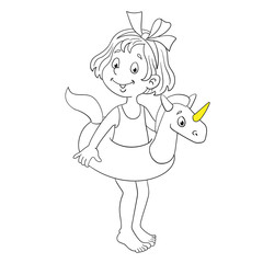 Little cute girl with a swimming circle.  Black and white picture and yellow accent. In cartoon style. Isolated on white background. For coloring. Vector illustration.