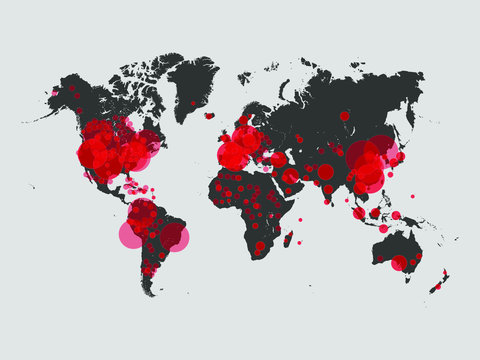 Covid-19, Covid 19 Map Confirmed Cases Report Worldwide Globally. Coronavirus Disease 2019 Situation Update Worldwide. Maps Show Where The Coronavirus Has Spread, Graphic On Grey Background.