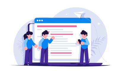 Programmers discuss the code on the laptop screen. IT specialists while working on the project. Modern flat vector illustration.