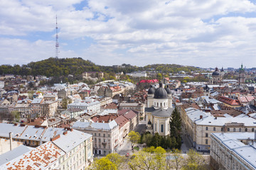 Fototapeta premium View on The Church of the Transfiguration in Lviv, Ukraine from drone