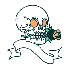 tattoo with banner of a skull and rose
