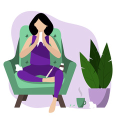 Cold, flu. Girl with handkerchief sitting on armchair at home. Vector illustration.