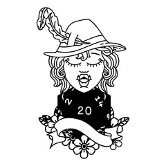 singing half orc bard character with natural twenty dice roll illustration