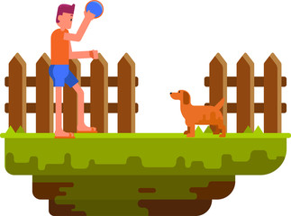 A man playing frisbee with his dog on yard