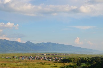 Fototapeta na wymiar Aerial view towards Mountain range and Inle lake plain Myanmar