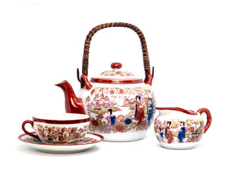 Kitsch Asian Style Tea Set on White Background