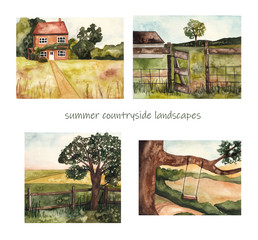 Summer countryside landscapes. Watercolor illustration, country, nature