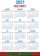 Maldives Calendar with flag. Month, day, week. Simply flat design. Vector illustration background for desktop, business, reminder, planner