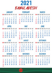 Bangladesh Calendar with flag. Month, day, week. Simply flat design. Vector illustration background for desktop, business, reminder, planner