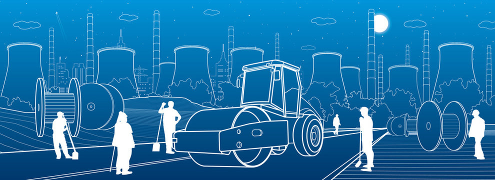City infrastructure illustration. Road repair, service highway. Power plant at background. Construction site builders. Outline Urban scene. White lines on blue background. Vector design art