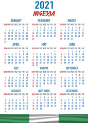 Nigeria Calendar with flag. Month, day, week. Simply flat design. Vector illustration background for desktop, business, reminder, planner
