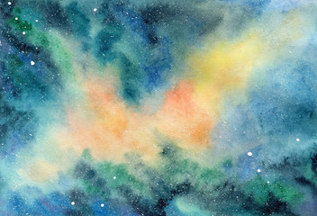 Abstract watercolor , fantasy background. A deep space of orange, green and blue colors with a spray of white stars. Hand drawn