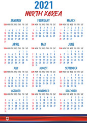 North Korea Calendar with flag. Month, day, week. Simply flat design. Vector illustration background for desktop, business, reminder, planner