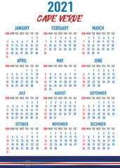 Cape Verde Calendar with flag. Month, day, week. Simply flat design. Vector illustration background for desktop, business, reminder, planner