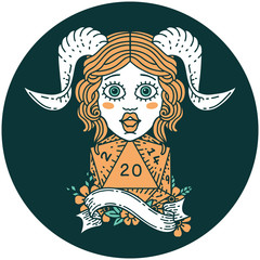 tiefling with natural twenty dice roll icon